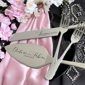 Solid Gift Wrapped Wedding Cake Serving Set for Bride Groom: Personalized Anniversary Keepsake for Couple Custom Engraved Server Knife Forks