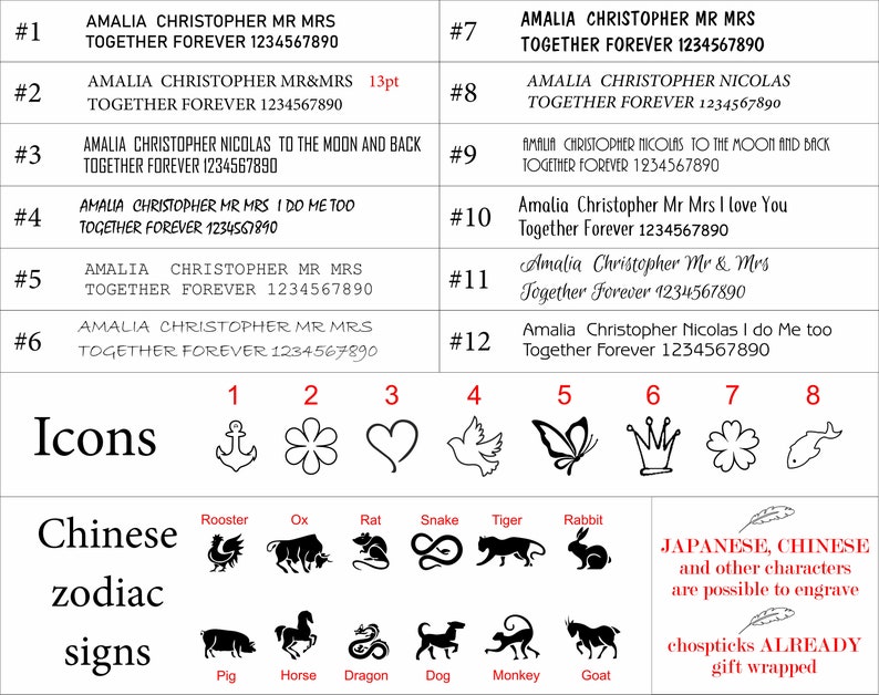 Puede incluir: Un fondo blanco muestra ejemplos de texto para grabar, incluyendo nombres y frases como "Together Forever". Tambi&eacute;n se muestran iconos y signos del zodiaco chino. Se incluye el texto "Japanese, Chinese and other characters are possible to engrave".