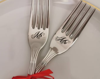 Mr Mrs wedding forks for bride and groom, personalized keepsake for couple, silver dining set