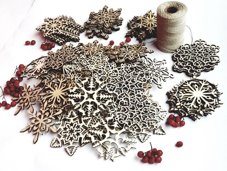 Christmas Tree Snowflakes Wood Rustic Ornament Set Laser Cut Xmas Decorations Wooden Natural Holiday Home Decor Big Wooden set of 32 or 48