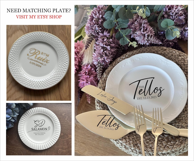 Może przedstawiać: Białe ceramiczne talerze z personalizowanym tekstem i złotymi sztućcami. Jeden talerz ma imię "Ruiz" i datę "3/29/2024". Inny talerz ma imię "Salamon". N&oacute;ż i łopatka do ciasta są grawerowane "Leslie Jorge" i "The Tellos EST. 12.13.2025".