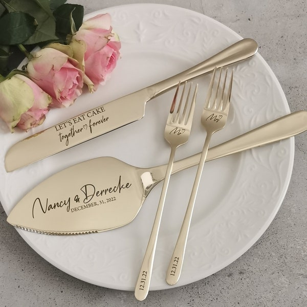 Wedding cake cutting set, Personalized forks knife server cutter slicer set, Solid gift for bride groom, Bridal Shower Anniversary keepsake