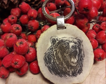 Engraved Grizzly Bear Keychain: Handmade Deer Horn Animal Keyring