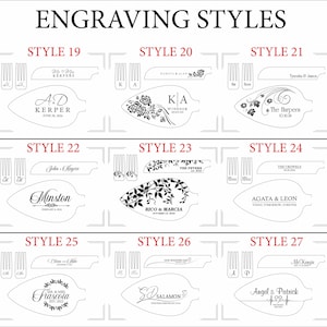May include: A display of engraving styles for cake servers. The image shows various designs with names, dates, and decorative elements. Styles include floral patterns, initials, and text like "Our Wedding Day."