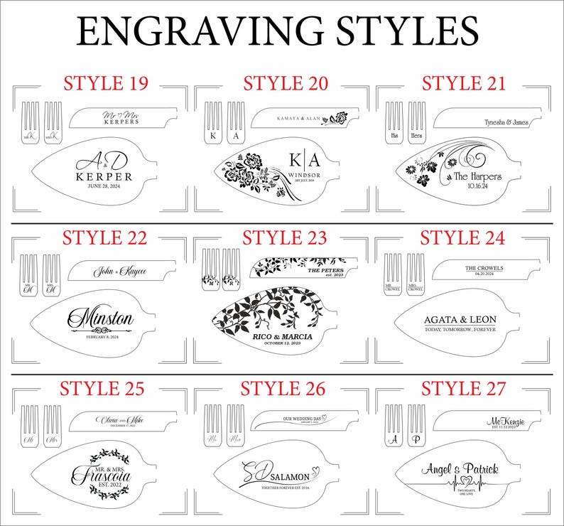 May include: A display of engraving styles for cake servers. The image shows various designs with names, dates, and decorative elements. Styles include floral patterns, initials, and text like "Our Wedding Day."