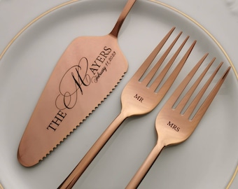 Rose gold Wedding Cake Cutting Set, Personalized Knife Server Forks Set, Engraved Cake Cutter, Cutlery Set for Bridal Shower, Gift for Bride