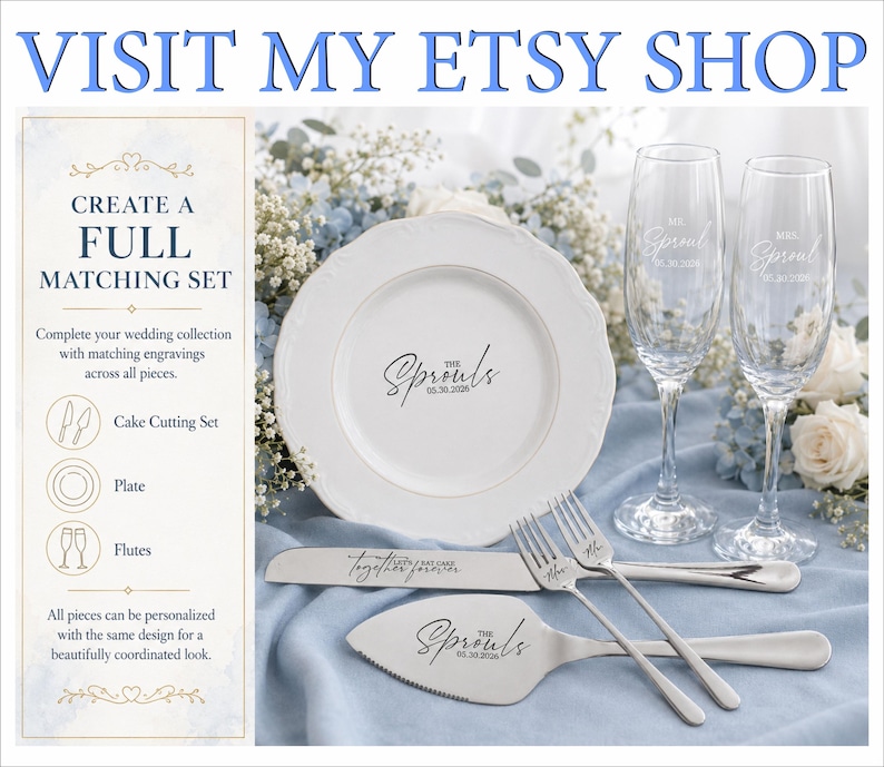 Custom Engraved Wedding Cake Cutting Serving Set with Gift Box: Personalized Gold Cake Server, Knife & Forks Gift for Bridal Shower image 5