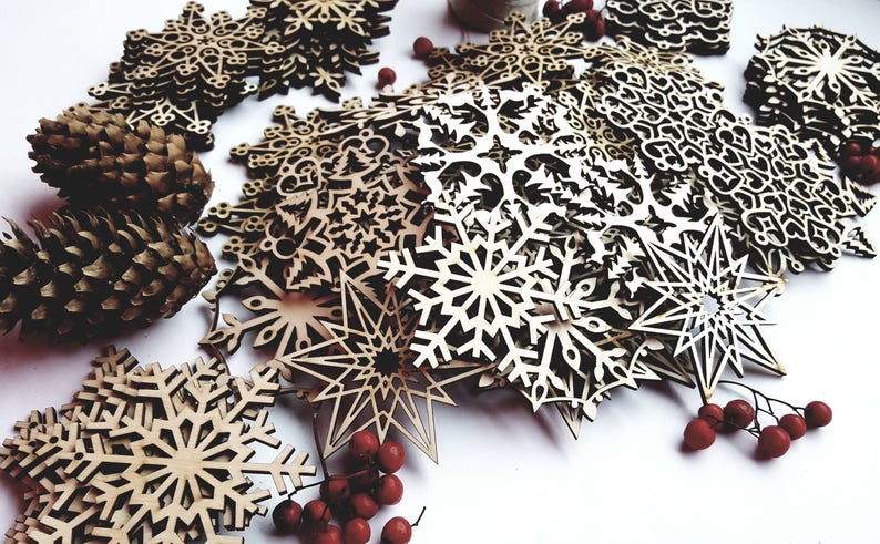 Christmas Tree Snowflakes Wood Rustic Ornament Set Laser Cut Xmas Decorations Wooden Natural Holiday Home Decor Big Wooden set of 32 or 48
