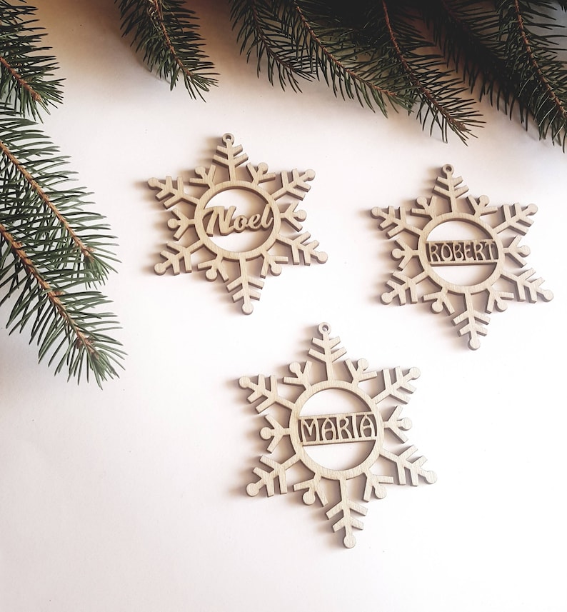 Christmas bauble, personalized name snowflake, wood Christmas tree ornament gift, laser cut winter rustic decoration, custom name tag image 5