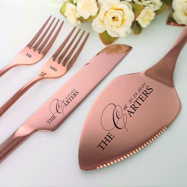 Solid Gift Wrapped Wedding Cake Serving Set for Bride Groom Personalized Anniversary Keepsake for Couple Custom Engraved Server Knife Forks