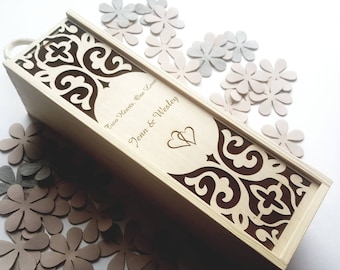 Engraved wedding wine box, Laser cut wooden wine holder, Anniversary wedding gift for couple, wine ceremony box, Save the date
