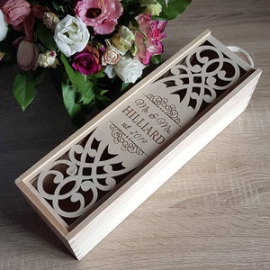 Scatola per vino da matrimonio personalizzata, regalo per la cerimonia del vino in legno, astuccio per una bottiglia tagliato al laser con incisione personalizzata, capsula del tempo, signor, signora, data presente