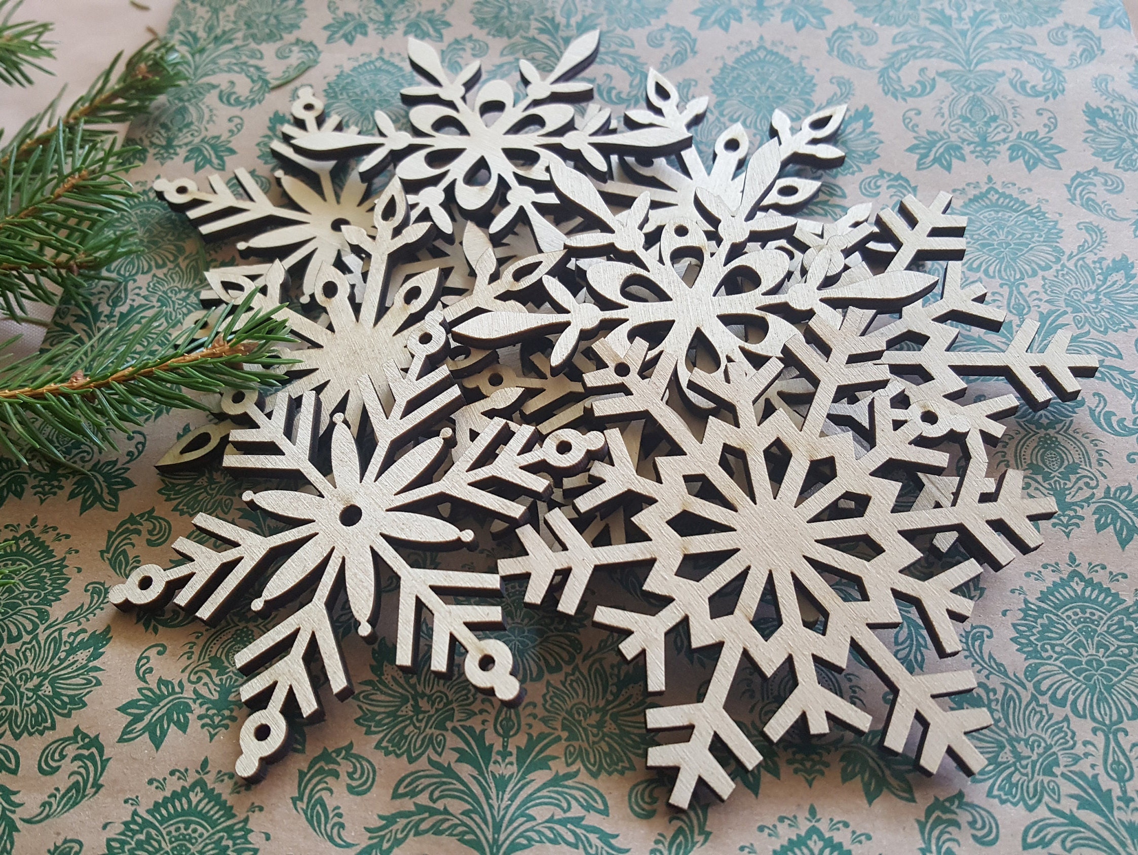Christmas Tree Snowflakes Wood Rustic Ornament Set Laser Cut Xmas Decorations Wooden Natural Holiday Home Decor Big Wooden set of 32 or 48