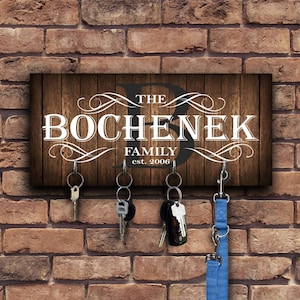 Family Key holder for wall, personalized key rack organizer, custom wooden housewarming gift, decorative key hanger with hooks, wooden sign image 1