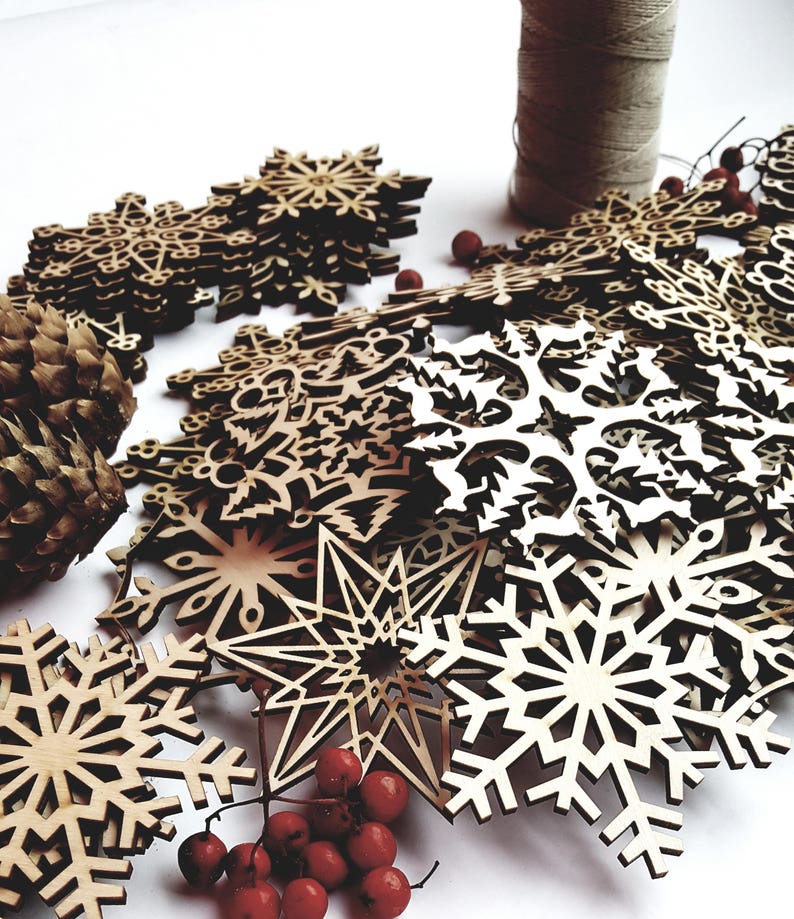 Christmas Tree Snowflakes Wood Rustic Ornament Set Laser Cut Xmas Decorations Wooden Natural Holiday Home Decor Big Wooden set of 32 or 48