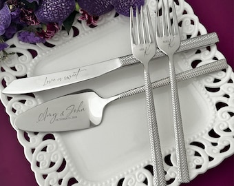 Personalized wedding cake cutting set, Engraved forks server cutter slicer, Solid gift for bride groom, Bridal Shower Anniversary keepsake