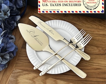 Personalized Wedding Cake Set Custom Engraved Silver Pie Pastry Cutting Kit Anniversary Housewarming Keepsake for Couple Forks, Knife Sliver