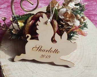 Pig Christmas tree ornament, wooden custom decorations gift, unfinished cutouts, laser cut personal tags, natural wood 2019 symbol