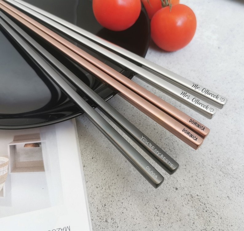 Personalized Colorful Chopsticks Set, Custom Engraved Gift for Sushi Lovers, Metal GIFT WRAPPED Cutlery Kit for Husband, Wife or Friends image 2