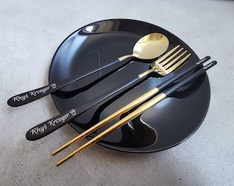Personalized Chopsticks, Fork Spoon Set – Engraved Stainless Steel Cutlery with Case for Kids, Camping & Travel
