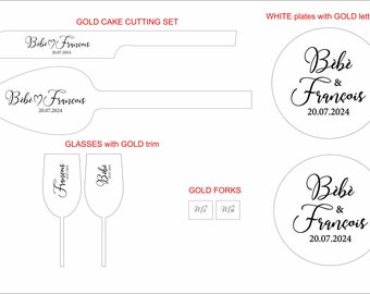 Engraved gold cake cutting set with 2 forks, 2 champagne glasses with gold trim, 2 white plates with gold lettering sticker   - custom order