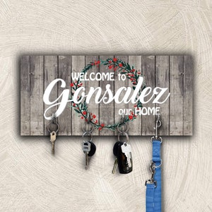 Key holder for wall, personalized family key rack organizer, custom wooden housewarming gift, decorative key hanger with hooks, wooden sign image 1