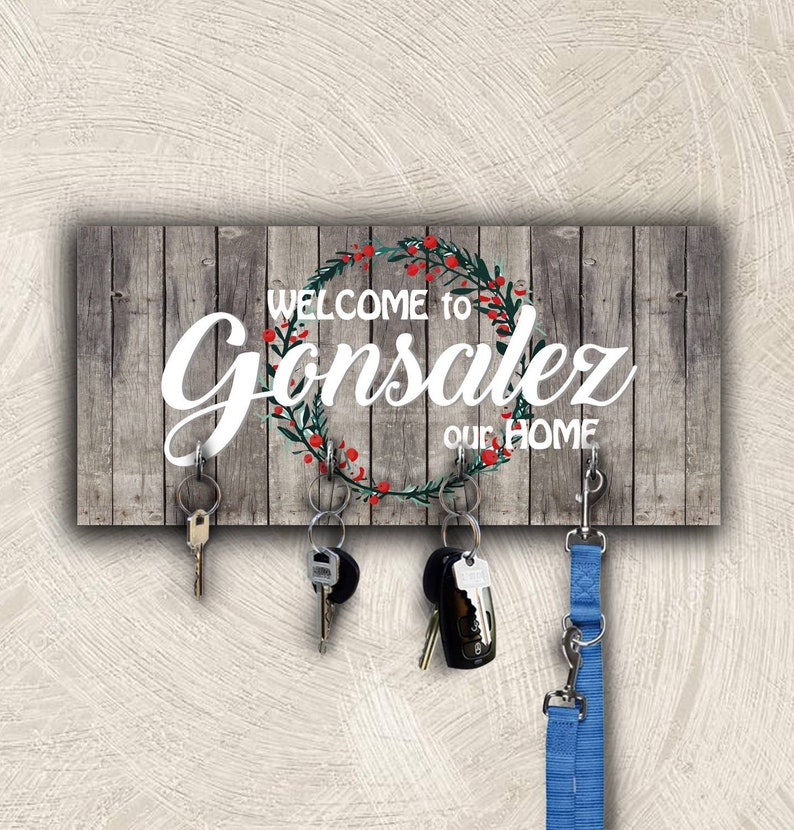 Key holder for wall, personalized family key rack organizer, custom wooden housewarming gift, decorative key hanger with hooks, wooden sign image 1