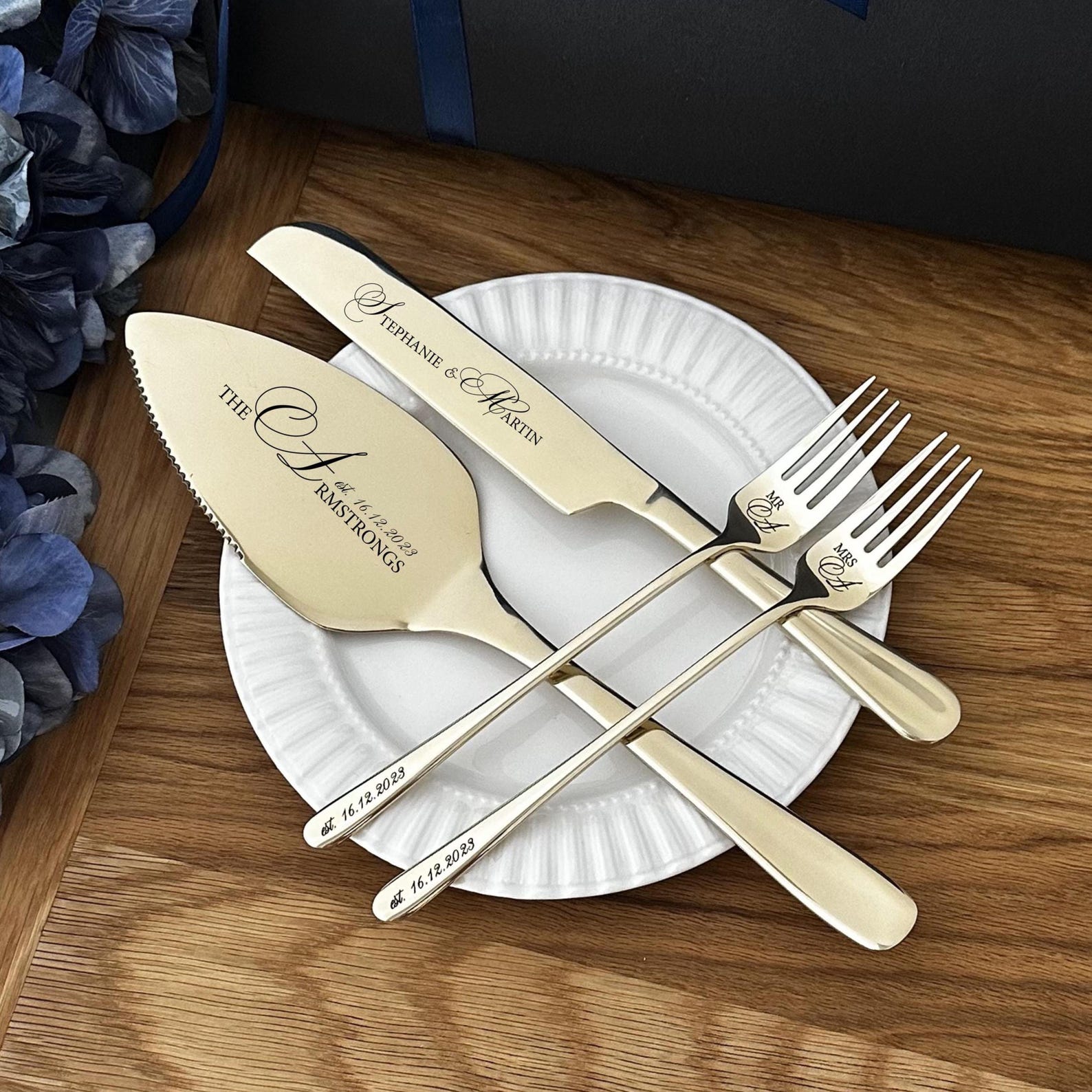 Custom Engraved Wedding Cake Cutting Serving Set with Gift Box: Personalized Gold Cake Server, Knife & Forks Gift for Bridal Shower