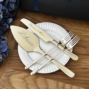 Custom Engraved Wedding Cake Cutting Serving Set with Gift Box: Personalized Gold Cake Server, Knife & Forks Gift for Bridal Shower