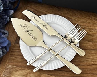 Custom Engraved Wedding Cake Cutting Serving Set with Gift Box: Personalized Gold Cake Server, Knife & Forks Gift for Bridal Shower