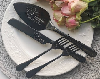 Wedding cake knife server forks set, Personalized pie cutting set, Custom engraved cutter, Luxury bridal shower anniversary gift for couple