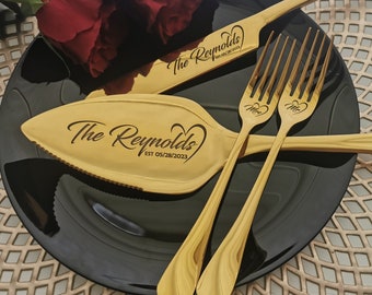 Personalized wedding cake cutter set Custom engraved pie cutting gift for couple Gold forks knife cutter slicer server Anniversary keepsake