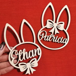 Cadeau déco de Pâques, étiquette de panier personnalisée pour garçon fille, décoration de lapin en bois, ornement lapin suspendu, carte de visite découpée au laser, breloque printanière