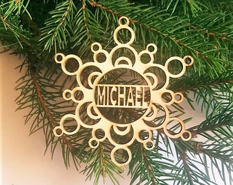 Personalized Wood Snowflake Ornament: Laser Cut Christmas Tree Decoration