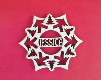 Personalized Christmas tree name ornament, wooden laser cut snowflake decoration, winter wedding name cards, guest gift tag present