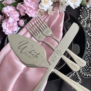 Personalized Silver Wedding Cake Knife, Server, Forks, Gift Box Set , Custom Engraved Cake Cutters Keepsake for Bridal Shower, Anniversary