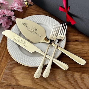Personalized Wedding Cake Cutting Set for Couple: Engraved Stainless Steel Knife, Server & Forks from Bridesmaid, Bridal Shower Gift