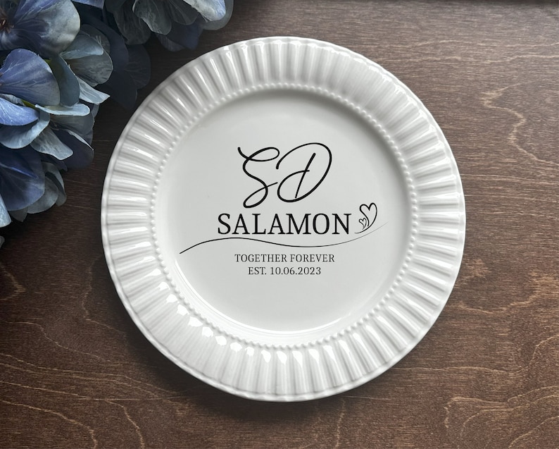 Personalized Anniversary Bridal Shower Keepsake for the Couple: White Porcelain Wedding Plate with Custom Names, Last Name, Wedding Date