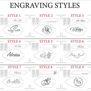 May include: An image showcasing nine different engraving styles for a cake server and fork set. Each style features a unique design, including names, dates, and decorative elements, perfect for personalized gifts or wedding keepsakes.