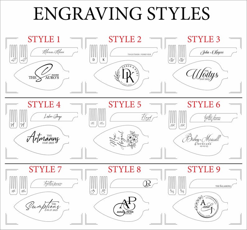 May include: An image showcasing nine different engraving styles for a cake server and fork set. Each style features a unique design, including names, dates, and decorative elements, perfect for personalized gifts or wedding keepsakes.