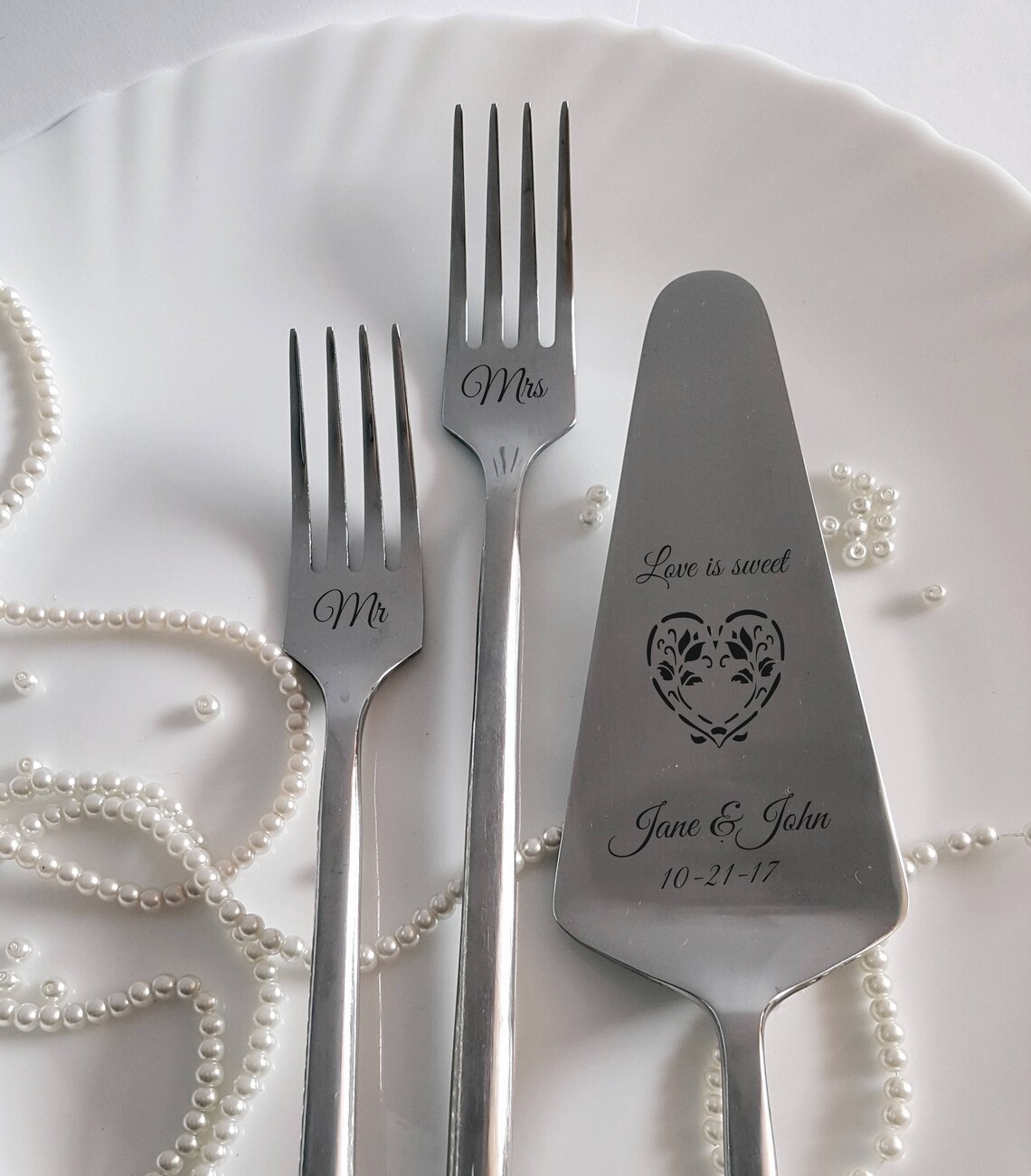 Wedding Cake Server Custom Cake Forks Set Personalized Serving Etsy