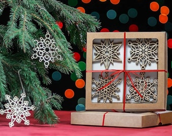 12 Wooden Snowflakes, Christmas Tree Ornaments, Laser Cut Hanging Decoration, Wood Winter Home Decor, Rustic Natural Snowflakes set 3.7 Inch