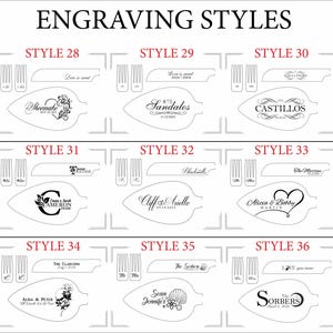 May include: An image showcasing various engraving styles for cake servers. Each style features a unique design with text, including names, dates, and phrases like "Love is sweet." The styles are numbered and presented in a grid format.