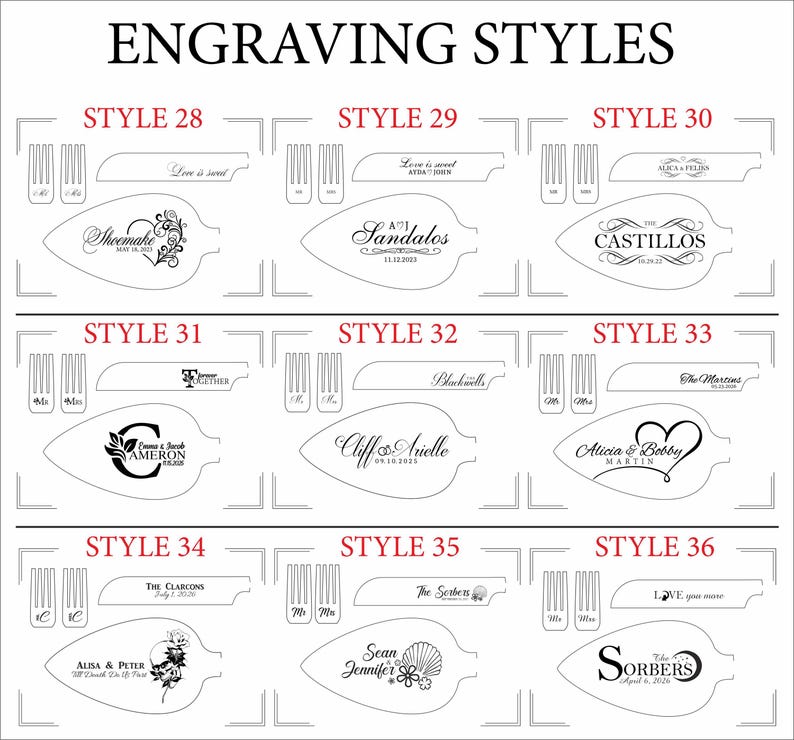 May include: An image showcasing various engraving styles for cake servers. Each style features a unique design with text, including names, dates, and phrases like "Love is sweet." The styles are numbered and presented in a grid format.