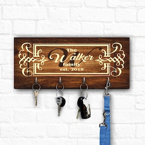 Family Key Holder for Wall, Wooden Key Hanger, Personalized Housewarming Gift, Custom Key Ring Holder, Christmas Present for Couple, Initial image 1