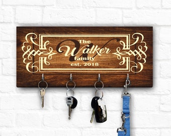 Family Key Holder for Wall, Wooden Key Hanger, Personalized Housewarming Gift, Custom Key Ring Holder, Christmas Present for Couple, Initial