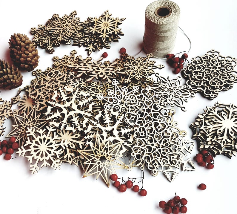 Christmas Tree Snowflakes Wood Rustic Ornament Set Laser Cut Xmas Decorations Wooden Natural Holiday Home Decor Big Wooden set of 32 or 48