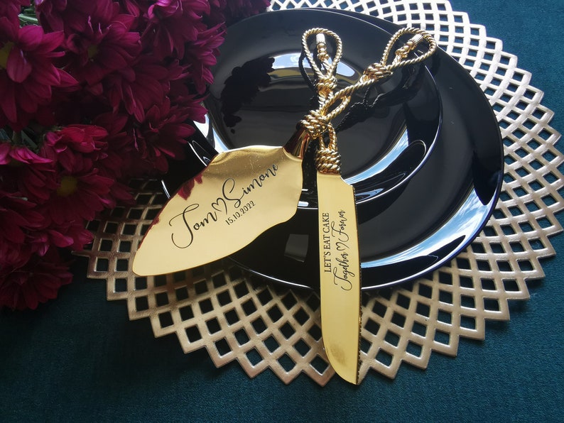 Personalized Wedding Cake Cutter Set: Gold Engraved Spatula and Cake Cutting Knife, Gift for Sister Brother 画像 10