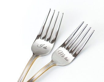 Personalized Wedding Forks: Engraved Gold Trim Silverware, Mr & Mrs Dining Set