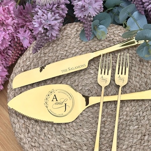 Personalized Wedding Cake Knife, Server & Forks Set: Custom Engraved Gold Cake Cutting Set, Engraved Wedding Gift for the Couple zdjęcie 1